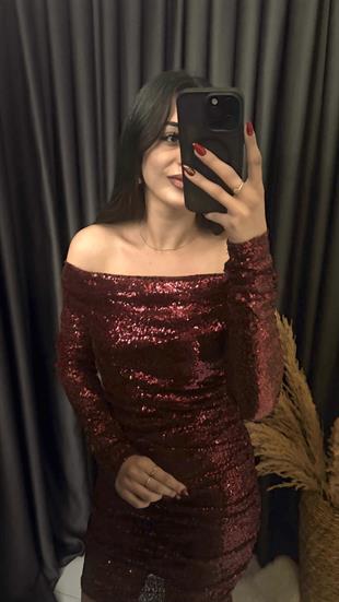 Christmas Marka Model Madonna Yaka Mini Payetli Elbise Bordo