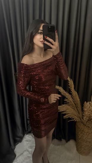 Christmas Marka Model Madonna Yaka Mini Payetli Elbise Bordo