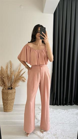 Daila Gül Kurusu Crop Bluz  Pantolon İkili Takım