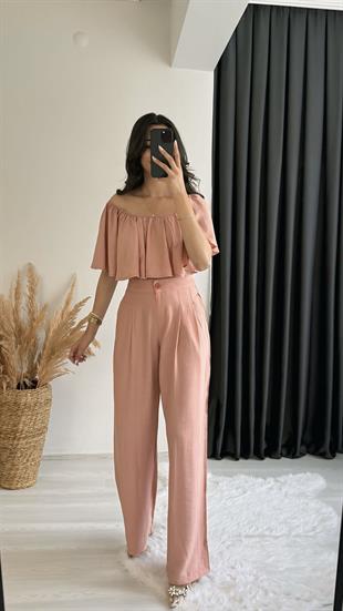 Daila Gül Kurusu Crop Bluz  Pantolon İkili Takım