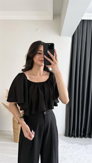 Daila Siyah Crop Bluz  Pantolon İkili Takım