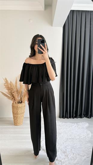Daila Siyah Crop Bluz  Pantolon İkili Takım