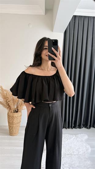 Daila Siyah Crop Bluz  Pantolon İkili Takım