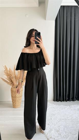 Daila Siyah Crop Bluz  Pantolon İkili Takım