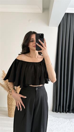 Daila Siyah Crop Bluz  Pantolon İkili Takım