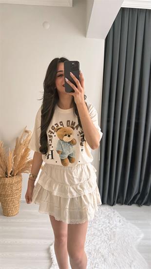 Danie Mini Bej İşlemeli Etek