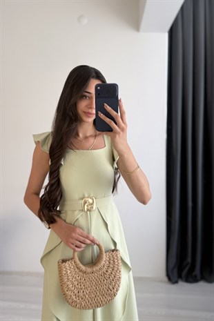 Diana Gold Kemer Detaylı Volanlı Mint Elbise