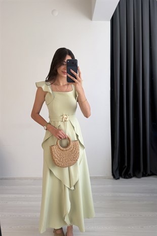 Diana Gold Kemer Detaylı Volanlı Mint Elbise