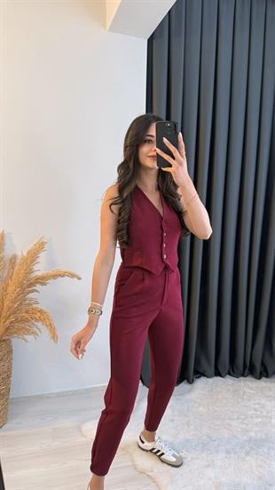 Diano Beli Düğmeli Likralı Palazzo Bordo Pantalon 