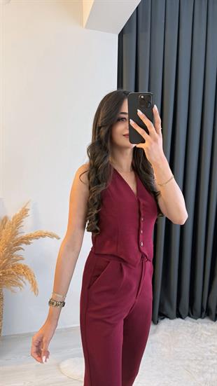 Diano Beli Düğmeli Likralı Palazzo Bordo Pantalon 