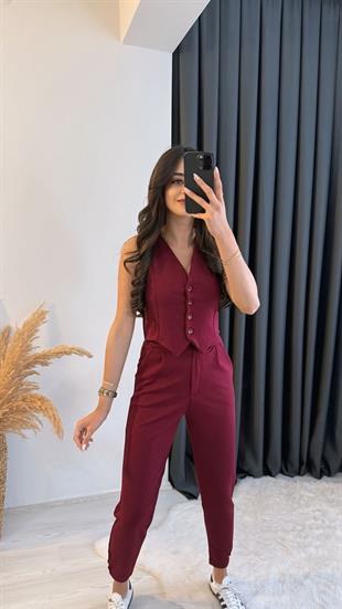 Diano Beli Düğmeli Likralı Palazzo Bordo Pantalon 