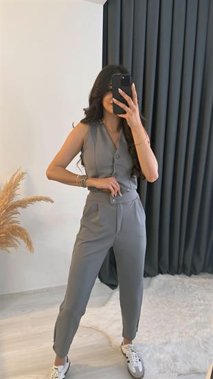 Diano Beli Düğmeli Likralı Palazzo Füme Pantalon 