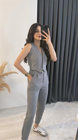 Diano Beli Düğmeli Likralı Palazzo Füme Pantalon 