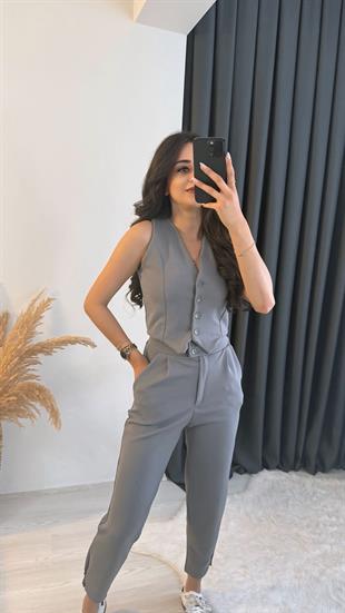 Diano Beli Düğmeli Likralı Palazzo Füme Pantalon 