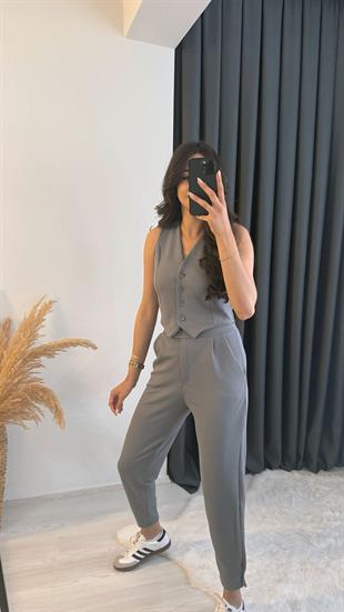 Diano Beli Düğmeli Likralı Palazzo Füme Pantalon 