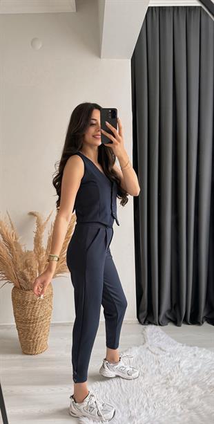 Diano Beli Düğmeli Likralı Palazzo Lacivert Pantalon 