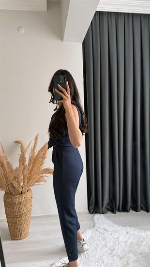 Diano Beli Düğmeli Likralı Palazzo Lacivert Pantalon 