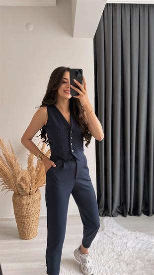 Diano Beli Düğmeli Likralı Palazzo Lacivert Pantalon 