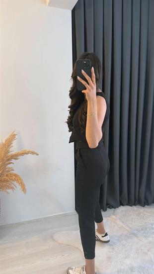 Diano Beli Düğmeli Likralı Palazzo Siyah Pantalon 