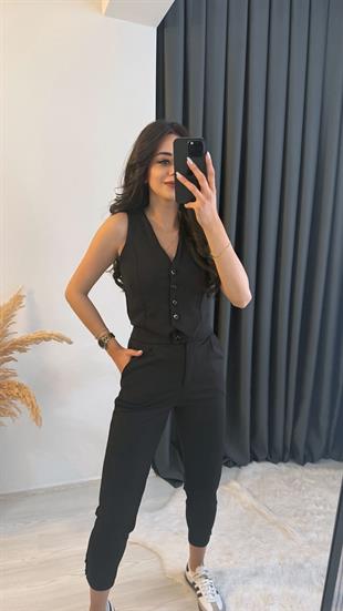 Diano Beli Düğmeli Likralı Palazzo Siyah Pantalon 