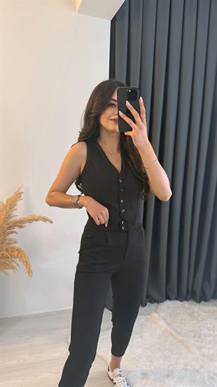 Diano Beli Düğmeli Likralı Palazzo Siyah Pantalon 