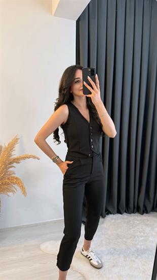 Diano Beli Düğmeli Likralı Palazzo Siyah Pantalon 