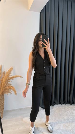 Diano Beli Düğmeli Likralı Palazzo Siyah Pantalon 