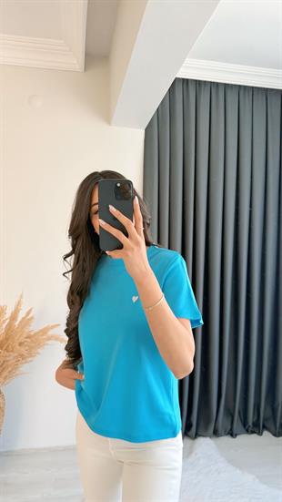 Dimit Dilvin Bisiklet Yaka Kalp İşlemeli Tshirt Mavi