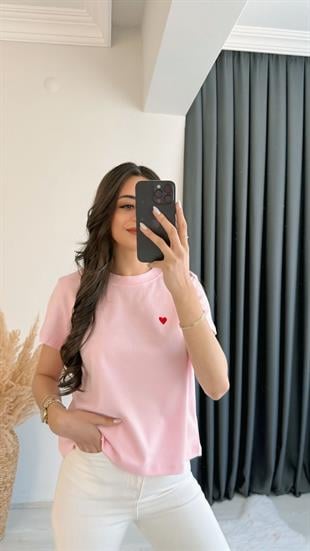 Dimit Dilvin Bisiklet Yaka Kalp İşlemeli Tshirt Pembe