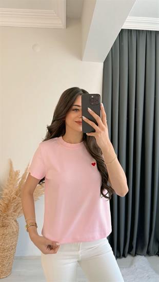 Dimit Dilvin Bisiklet Yaka Kalp İşlemeli Tshirt Pembe