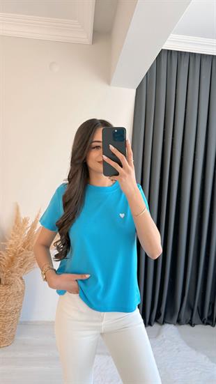 Dimit Dilvin Bisiklet Yaka Kalp İşlemeli Tshirt Mavi
