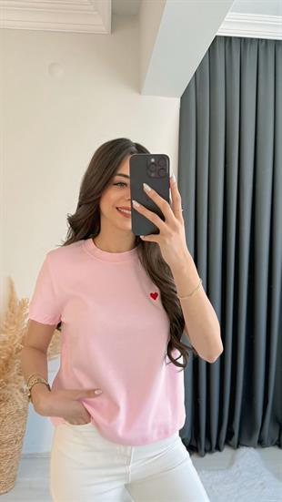 Dimit Dilvin Bisiklet Yaka Kalp İşlemeli Tshirt Pembe