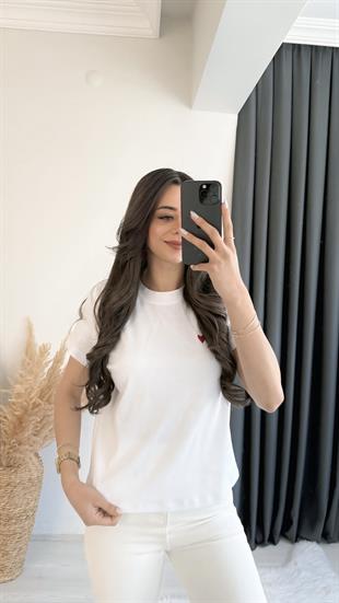 Dimit Dilvin Bisiklet Yaka Kalp İşlemeli Tshirt Beyaz