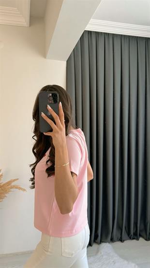 Dimit Dilvin Bisiklet Yaka Kalp İşlemeli Tshirt Pembe