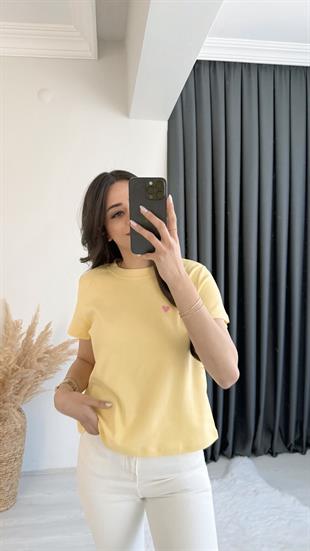 Dimit Dilvin Bisiklet Yaka Kalp İşlemeli Tshirt Sarı