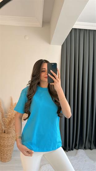 Dimit Dilvin Bisiklet Yaka Kalp İşlemeli Tshirt Mavi