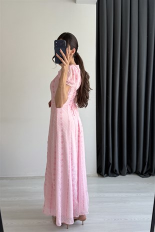 Diva Çiçek Nakışlı Pembe Balon Kol Elbise