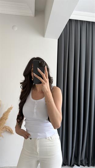 Düğmeli Tam Pamuklu Premium Atlet Beyaz