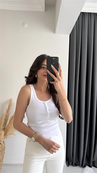 Düğmeli Tam Pamuklu Premium Atlet Beyaz