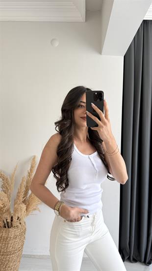 Düğmeli Tam Pamuklu Premium Atlet Beyaz