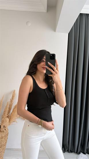 Düğmeli Tam Pamuklu Premium Atlet Siyah 