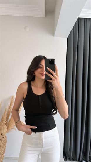 Düğmeli Tam Pamuklu Premium Atlet Siyah 