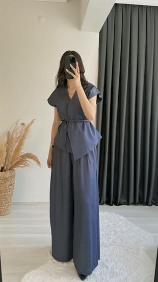 Eloya Denim Kumaş Bol Paça Pantolon Beli İpli Yelek Takım Mavi