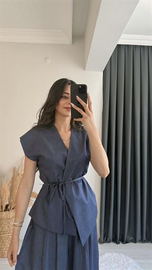 Eloya Denim Kumaş Bol Paça Pantolon Beli İpli Yelek Takım Mavi