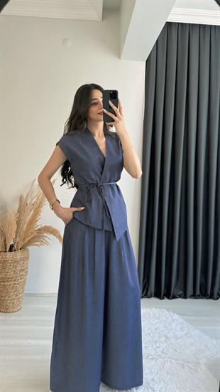 Eloya Denim Kumaş Bol Paça Pantolon Beli İpli Yelek Takım Mavi