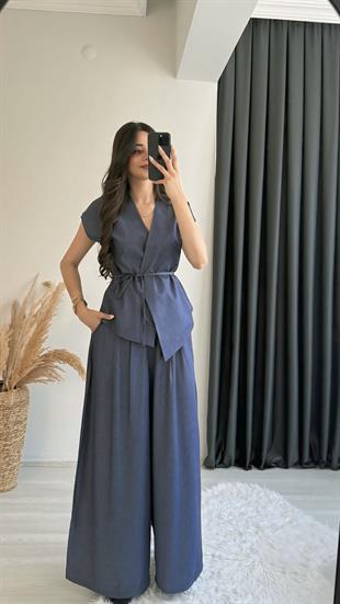 Eloya Denim Kumaş Bol Paça Pantolon Beli İpli Yelek Takım Mavi