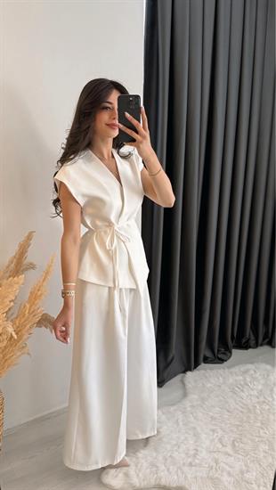 Eloya Klasik Kumaş Bol Paça Pantolon Beli İpli Yelek Takım Beyaz