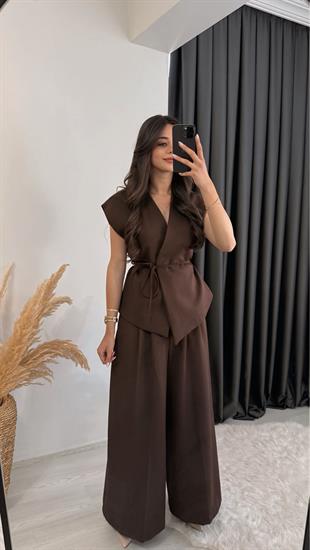 Eloya Klasik Kumaş Bol Paça Pantolon Beli İpli Yelek Takım Kahve
