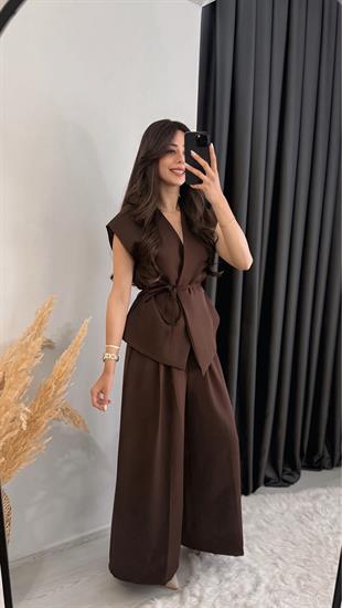 Eloya Klasik Kumaş Bol Paça Pantolon Beli İpli Yelek Takım Kahve