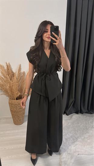 Eloya Klasik Kumaş Bol Paça Pantolon Beli İpli Yelek Takım Siyah